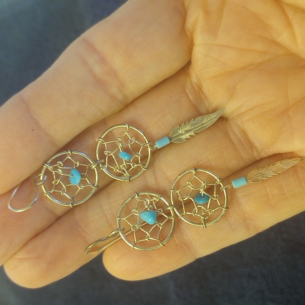 Dreamcatcher Earrings In Sterling Silver & Turquoise Accents - Picture 1 of 5